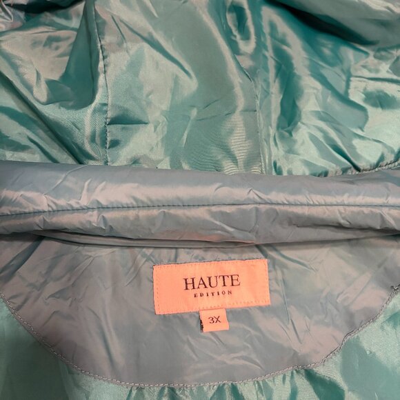 Womens Haute Winter Coat, Teal, sz 3X with Fur Trimmed Detachable Hood - Picture 8 of 10